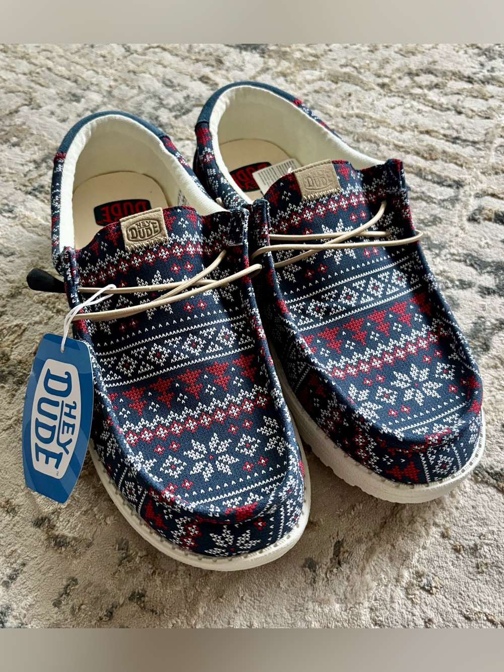 Hey Dude Wally Winter Sweater Slip On Shoes NEW Men’s blue red white snowflakes